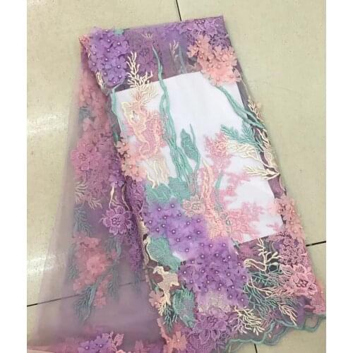 3d lace fabric with beads 5yard fashion PURPLE african lace fabric 2020 high quality 3d flower fabric for dress RF25221