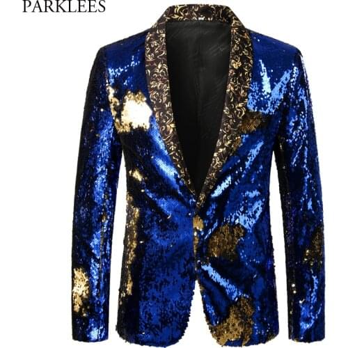 Shiny Royal Blue Sequin Glitter Blazer Jacket Men Shawl Lapel Club DJ Dress Blazer Mens Wedding Party Prom Stage Singers Costume