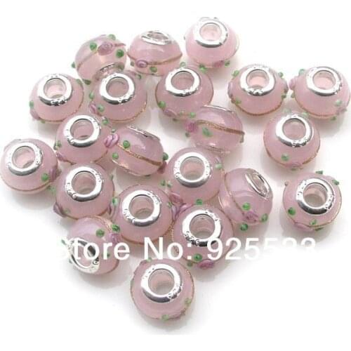 Free Shipping 50pcs 9x14mm silver plated core Big Hole Murano Pink Glass Beads fit European Jewelry Braclet Charms DIY
