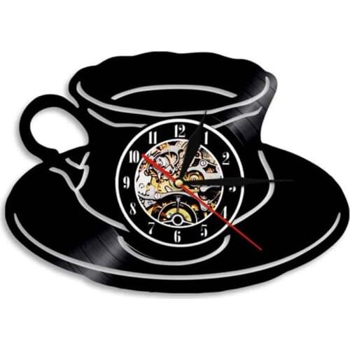 Coffee Mug Cup Artwork Decorative Wall Clock Vintage Vinyl Record Hanging Watches Cool Personality Art Decor For Coffee Shop