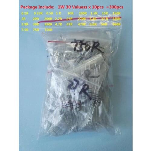 1W Carbon Film Rsistor kit 30Values x 10pcs=300PCS 0.1R~750 Ohm 5% Assorted kit Resistance 0.33/1.5/2.0/2.7/3.9/4.7/5.6/10/75R