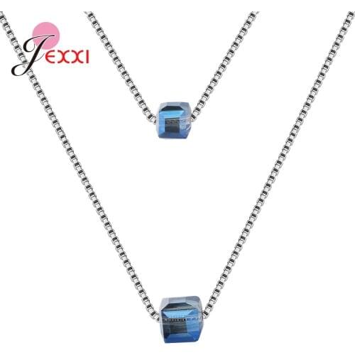 Korean 925 Sterling Silver Pendant Necklaces Double Layer Chain Zircon Geometric Pendant Necklaces For Women Choker Jewelry