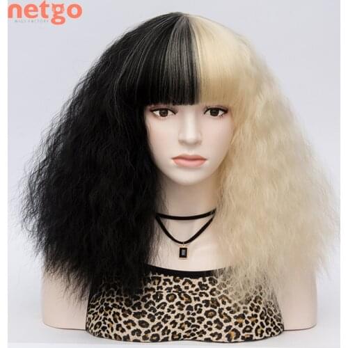 Netgo Short Wavy Synthetic Wig With Bangs Black And Blonde Red Wigs Heat Resistant For Black White Women Cosplay Party Halloween