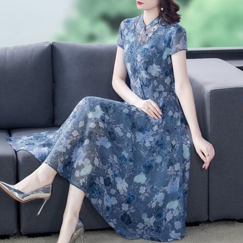 Mulberry Silk Summer Dresses 2021 New High Quanlity Temperament Elegant Floral Short Sleeve Slim Women Dresses Thin Female Dress