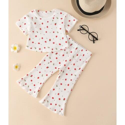 Newborn Children Girls Summer Clothes Toddler Kids Girls Ribbed Flower Short Sleeve Tops+ Flare Pants Casual Outfits