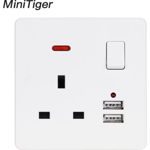 Minitiger White Wall Power Socket 13A UK Standard Switched Outlet 2.1A Dual USB Fast Charger Port LED indicator