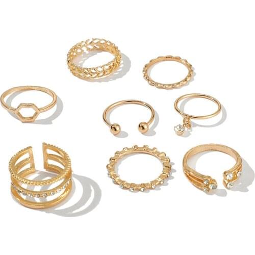 Fashion Retro Alloy Smooth Rings Gold Color Trendy Geometric 8-Piece Ring Set for Women Best Jewelry Accessories New Arrival