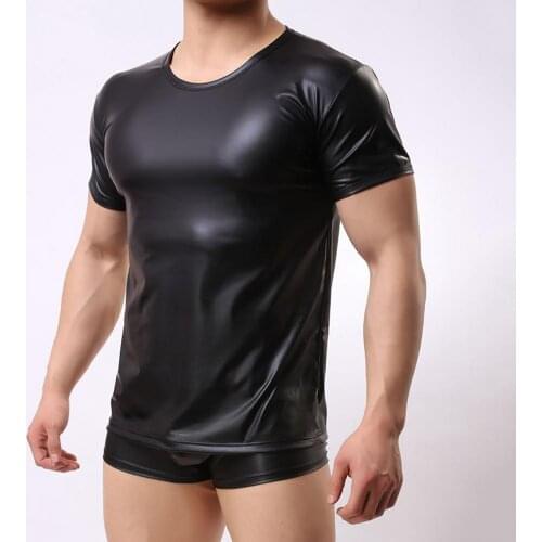 Men T-shirt Short Sleeve Elastic Faux Leather Undershirt Muscle T-shirt ops Fitness Muscle Man T Shirts for Party