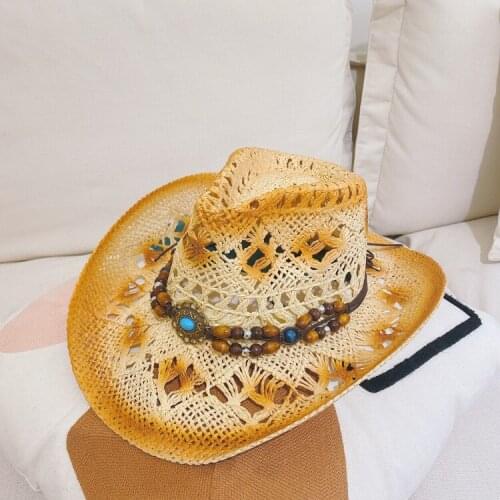 Fashion Summer 2021 Mens Cowboy Hat Ladies Retro Turquoise Leather Shoulder Strap Cowboy Hat Western Summer Beach Sun Hat