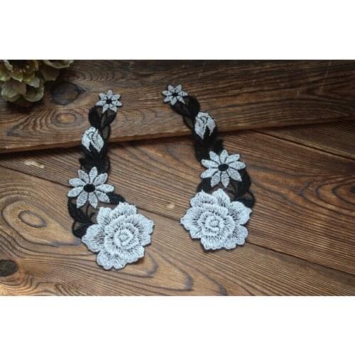 Size13*5cm (5pairs/lot) DIY Craft Pretty White with Black Embroidered Lace Applique Lace Patch