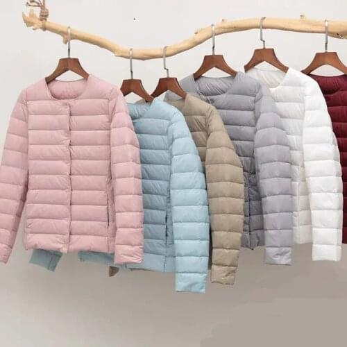 Zoki 2021 New Winter Women Down Coat Ultralight Collarless Duck Down Jacket Portable Female Padded Parkas O-Neck Puffer Overcoat