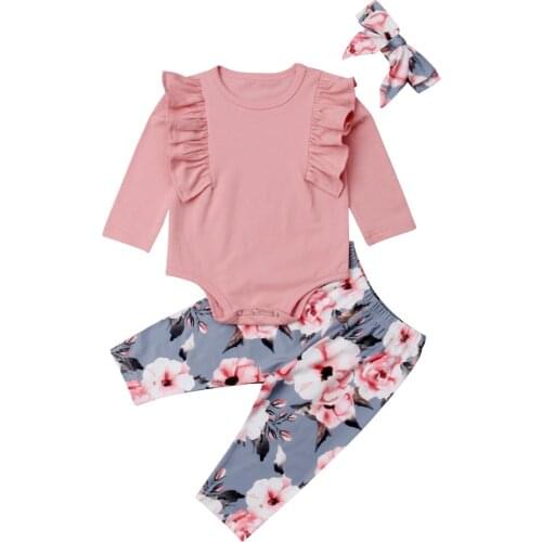 New Arrivels 3PCS Newborn Toddler Baby Girls Flower Top Romper Long Pants Outfits Clothes
