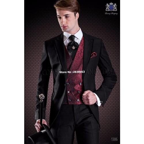 New Arrival Groomsmen Peak Lapel Groom Tuxedos Black/Wine Men Suits Wedding Best Man Blazer ( Jacket+Pants+Tie+Vest ) C103