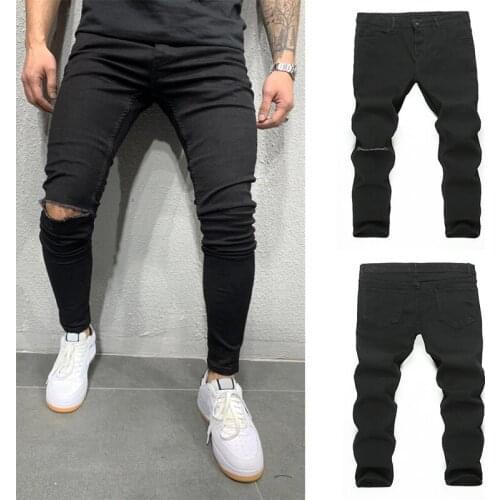 Solid Color Casual Kness Hole Jeans Mid Waist Slim Skinny Wild Denim Trousers Daily Wear Pencil Pants with Pocket for Men