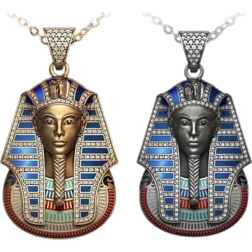 Punk Silver Gold Color Ancient Egypt King Tut Pharaoh Pendant Necklace zircon Cuban Chain Mens Hip Hop Bling