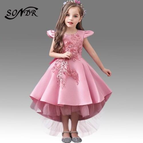 Appliques Flower Girl Dresses HT234 O-Neck Short Sleeve Women Party Dress Pink Girls Ball Gowns High Low Length Formal Vestidos