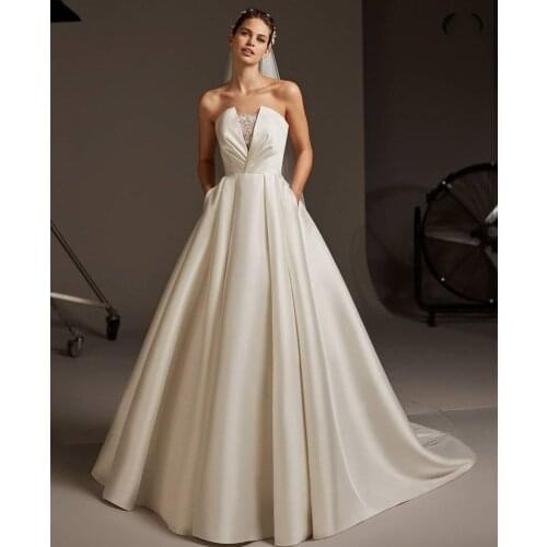 Satin Simple Wedding Dress With Pocket Floor Length Low Back robe de soirée de mariage Pleat Bridal Gowns свадебное платье 2021