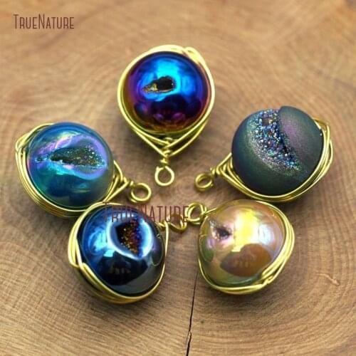 Simple Round Beads Gold Color Wrapped Wires Colorful Titanium Finish Jewelry Findings Druzy Agates Charm 20 mm PM8269
