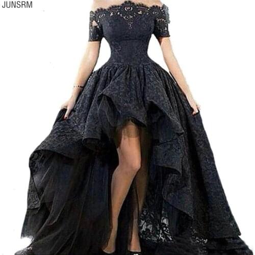 Off Shoulder High Low Evening Dress Boat Neck Short Sleeve Lace Party Gown Short Front Long Back Evening Dress for Graduation