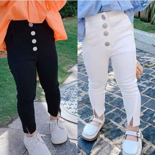 2021 Spring Autumn Girls Fashion High Waist Pant with Buttons Baby Kids Children Trousers