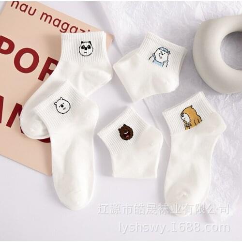 Cartoon Socks Cotton Women Breathable White Cute Bear Panda Lovely Animal Pattern Girl Sock Combed of Pure Cotton Female Socks