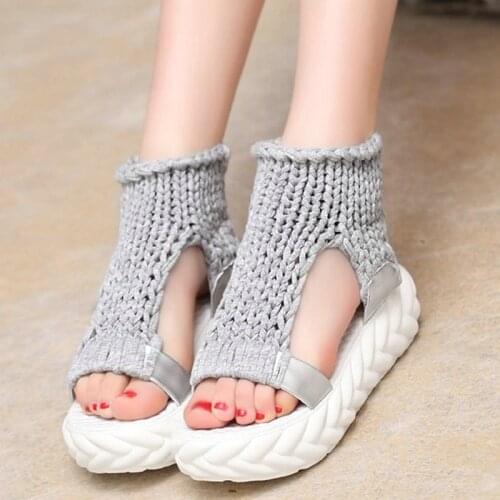 Korean fashion knitted platform sandals for ladies 2021 summer new braided fish mouth wedges sandals