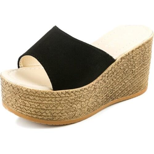 Brand Platform Wedges Shoes Women Summer Suede Thick Bottom Open Peep Toes Ladies Shoes Breathable Beach Black Slippers