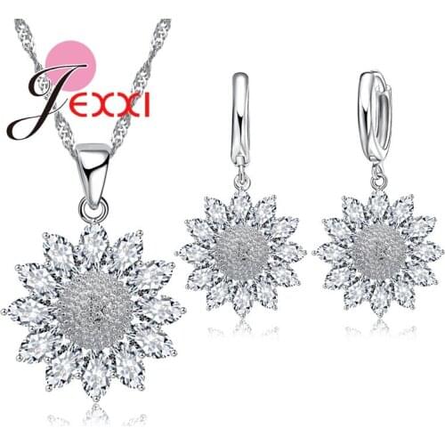 Classic Snowflake Romantic Sterling Silver Set For Women Crystal Necklace Pendent Earrings For Fashion Show Party