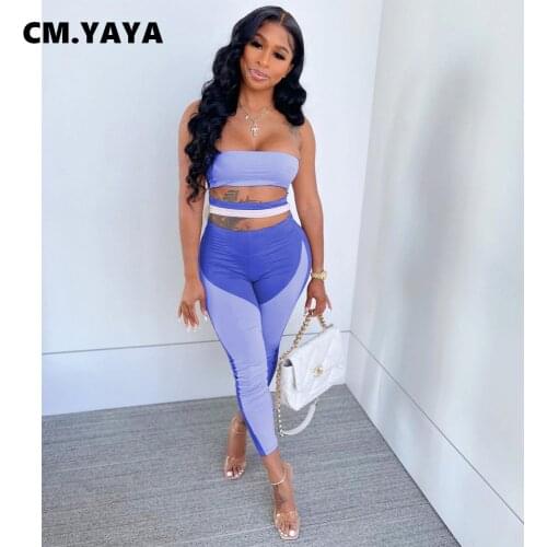 CM.YAYA Women Jumpsuit Print Sleeveless Strapless Bandage Hollow Out Stretchy Pencil Jumpsuits Fashion Casual Outfit Summer 2021