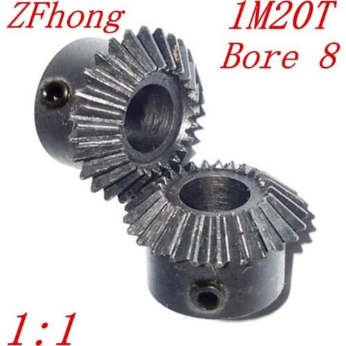 1 pair 1M20T bore 8 1:1 Metal Bevel Gears 1 Module 20 Teeth With Inner Hole 8mm 90 Degree Drive Commutation