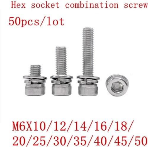50Pcs M6*10/12/16/20/25/30/35/40 304 stainless steel hex socket cap head three combination screw
