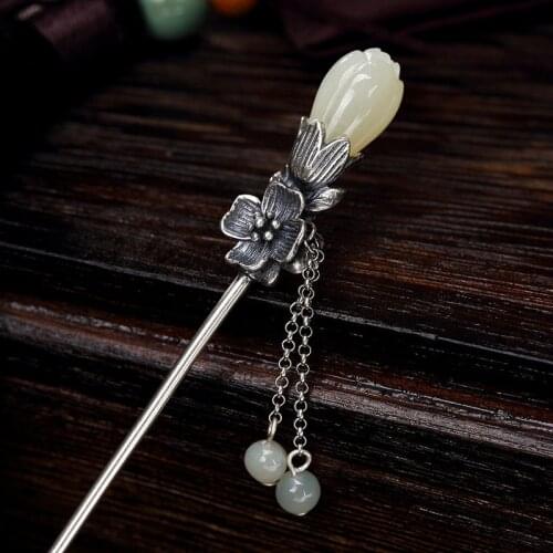925 Sterling Silver Hair Stick Jade Tassel Chinese Vintage Hair Accessories Tassel Pins Women Jewelry Step Shake Hanfu Cosplay