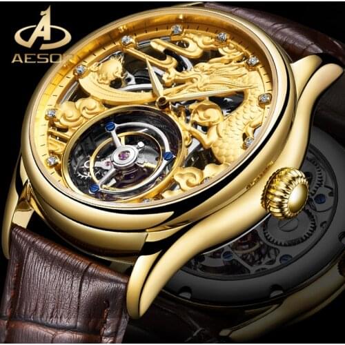 AESOP Golden Dragon Fashion Design Mens Watch Top Real Tourbillion Mechanical Watches Brand Luxury Skeleton Waterproof Watch