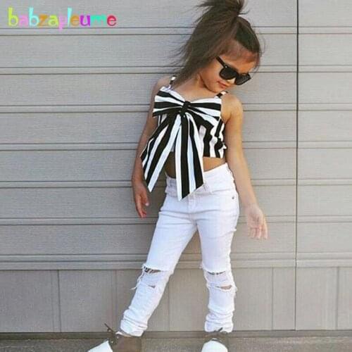 Babzapleume Summer Kids Wear Fashion Toddler Clothes Stripe Bow Baby T-shirt+White Childrens Pants Girls Clothing Sets BC1305-1