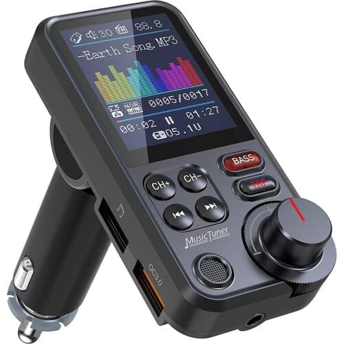 1.8"Wireless Car Bluetooth FM Transmitter Aux Supports QC3.0 Charging Treble And Bass Sound Music Player