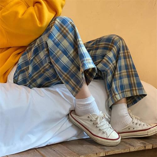 Loose Plaid Pants Women Blue Casual Fashion Harem Pants Elastic High Waist Sweatpants Cool 2020 Summer Hip Hop Pants Girls