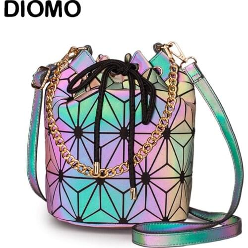 DIOMO Geometric Reflective Luminous Bucket Bag Women Fashion Designer Handbags High Quality Crossbody Shoulder Bags for Girls