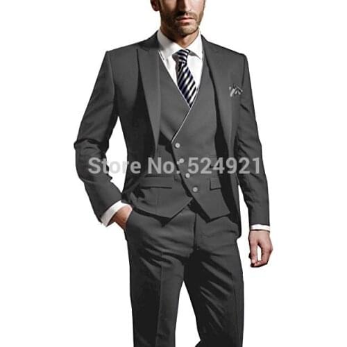 Brand New Groomsmen Dark Grey Groom Tuxedos Peak Lapel Men Suits Wedding/Prom Best Man Blazer ( Jacket+Pants+Vest +Tie) C303