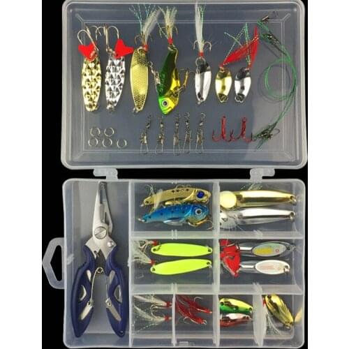 Htdob 42Pcs Mixed Colors Fishing Lures Spoon Bait Metal Lure Kit Sequins Noise Paillette with Feather Treble Hook Tackle Fishing