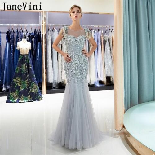 JaneVini jurk lang Gray Mermaid Prom Dresses 2019 Sparkly Crystal Beaded Long Gala Dresses with Jewelry Tulle Evening Party Gown