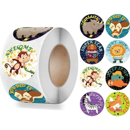 50-500pcs English Animals Cartoon Stickers for Kids Toys Label School Teacher Reward Sticker 1inch Pattern Motivational Sticker