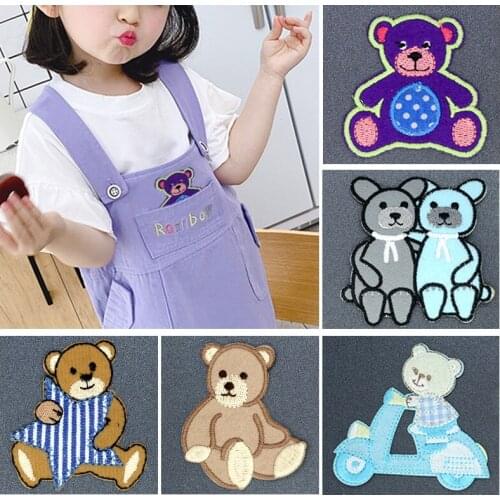 Sky Blue Bear Cartoon Cute Thermal Stickers Iron on Patch Embroidery for Clothing Children Patches Thermotransfer Applications