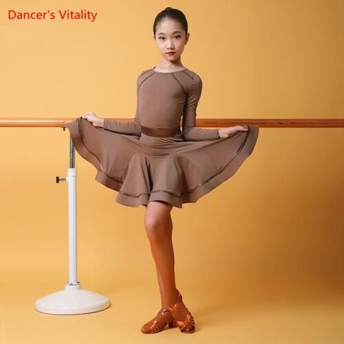 Latin Dance Dress Round Neck Big Swing Skirt Long Sleeve Practice Clothes Girls Elegant Competition Performance Clothing