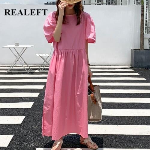 REALEFT Summer 2021 New Loose Women Long Dresses Vintage Sqaure Neck Short Sleeve Lace Up Chic High Waist Straight Female Dress