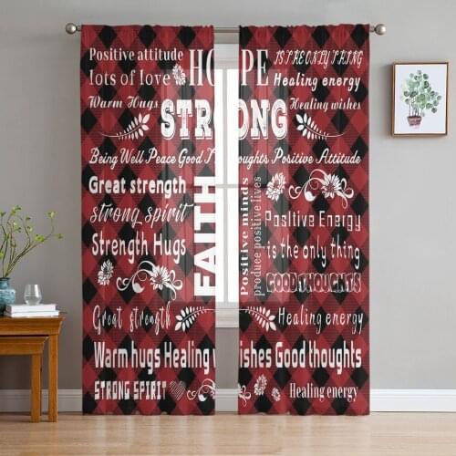 Positive Energy Red Black Grid Warm Hugs Voile Tulle Sheer Curtains for Bedroom Living Room Kitchen Decor Window Curtain