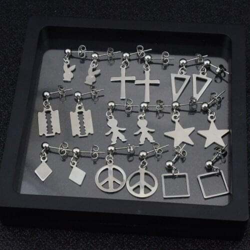 Women Girls Punk Earrings Stainless Steel Cross Star Peace Rabbit Blade Pendant Stud Earring Men Rock Hip Hop Grunge Ear Clip