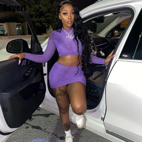 Mesh See Through Two Piece Set Women Outfit Set Long Sleeve Slim Crop Top and Mini Skirts Womens 2021 Sexy 2 Piece Club Outfits