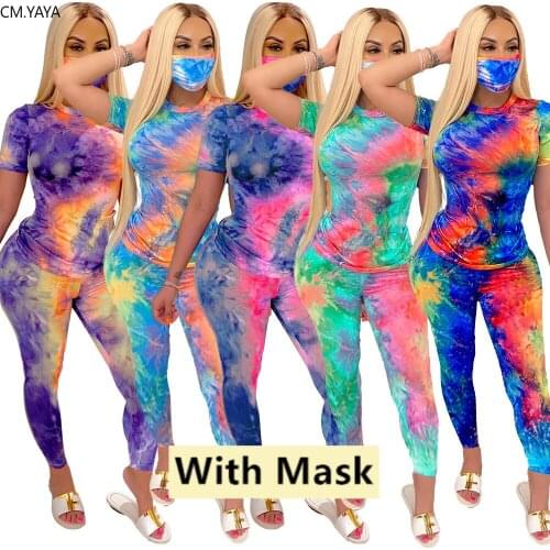 CM.YAYA Sport Tie Dye Galaxy Women Set Three Pieces Set Tracksuit Tee Tops Jogger Sweatpant Suit Outfit Matching Set
