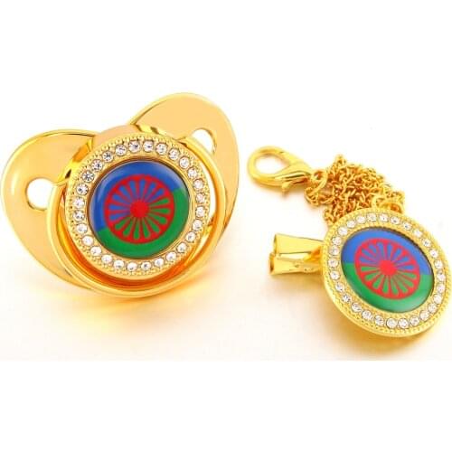 Gypsy Aromanian Romany Luxury Baby Pacifier With Chain Clip Romani Roma Flag Theme Newborn Baby Dummy Soother Nipple