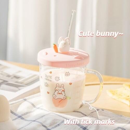Kawaii Cartoon Glass Cup with Lid Graduated Straw Cup Office Household Heat-resistant Water Cup Female Cute High Borosilicate